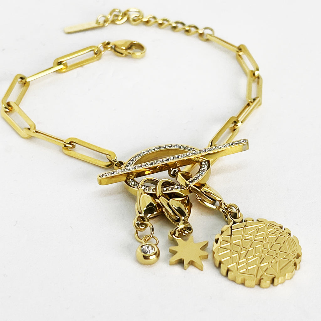 Bracelet Chaîne Cercle et Barre 3 Pendentifs