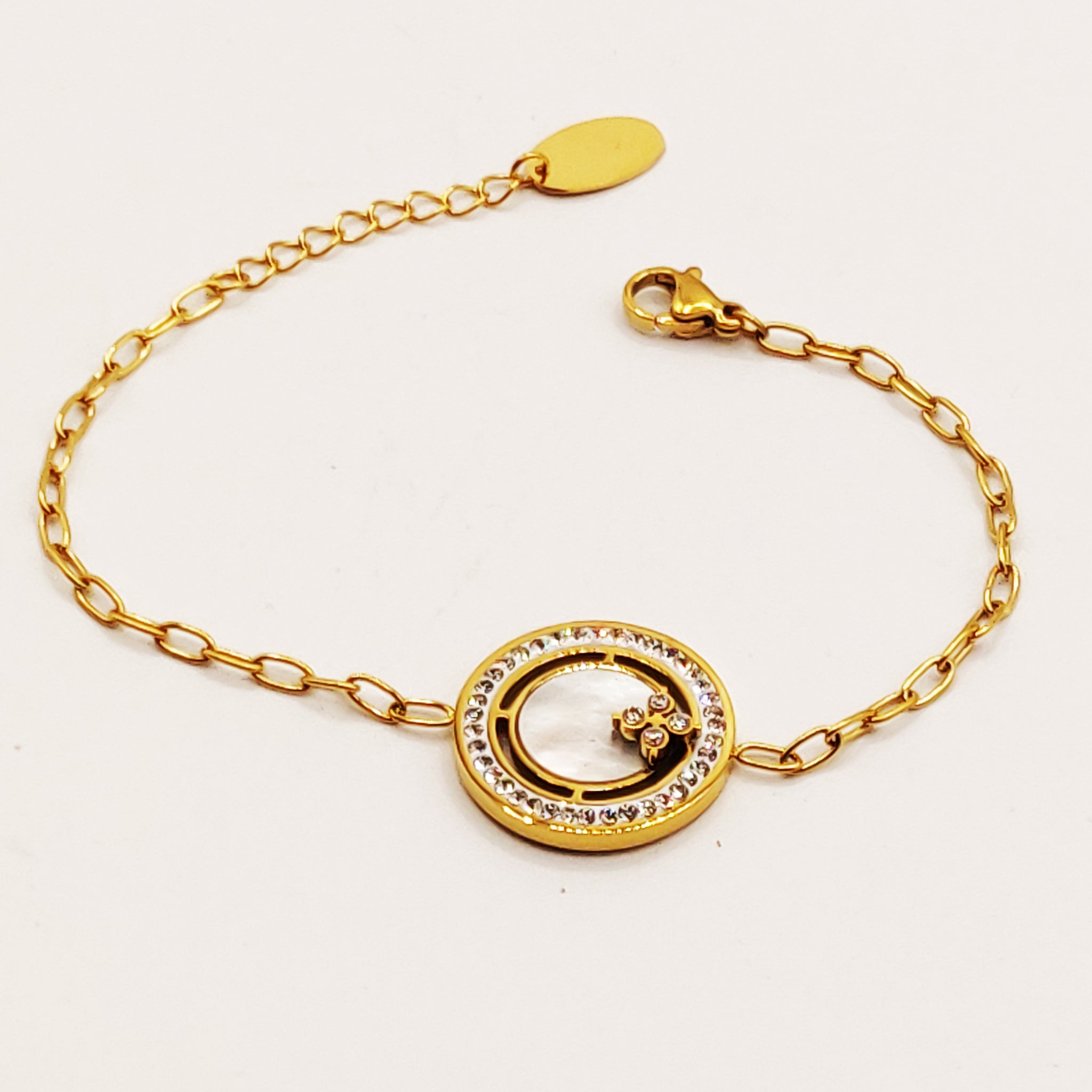 Bracelet Chaîne Cercle Trèfle Cristaux Blanc Nacré