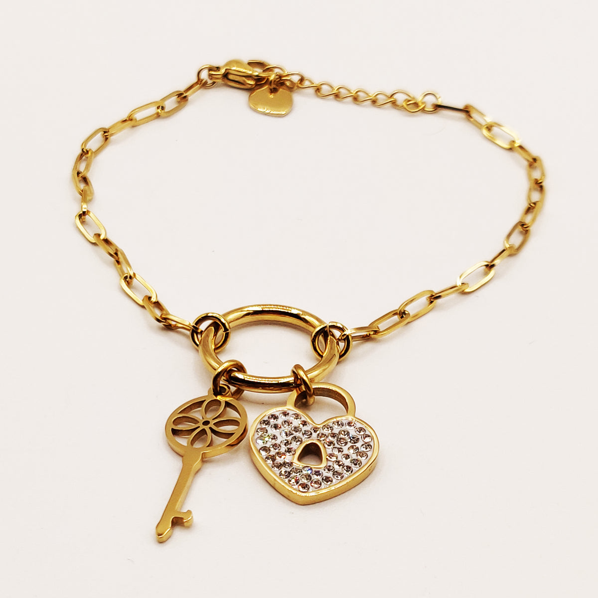 Bracelet Chaîne Clé et Cadenas Coeur Cristaux