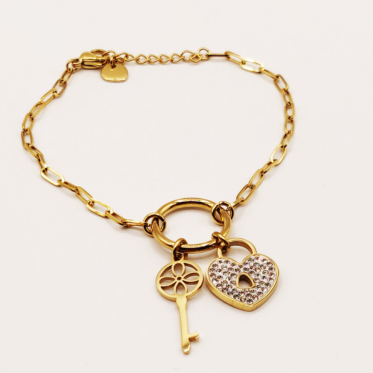 Bracelet Chaîne Clé et Cadenas Coeur Cristaux