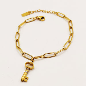 Bracelet Chaîne Clé Cristaux et Cadenas Coeur Luxe