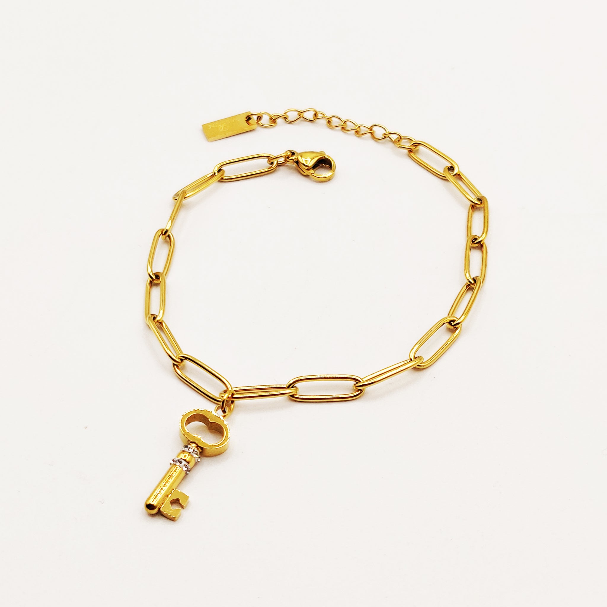 Bracelet Chaîne Clé Cristaux et Cadenas Coeur Luxe