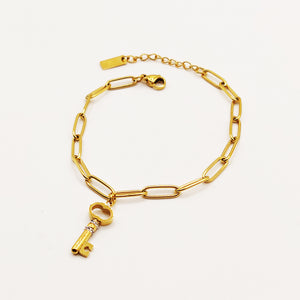Bracelet Chaîne Clé Cristaux et Cadenas Coeur Luxe