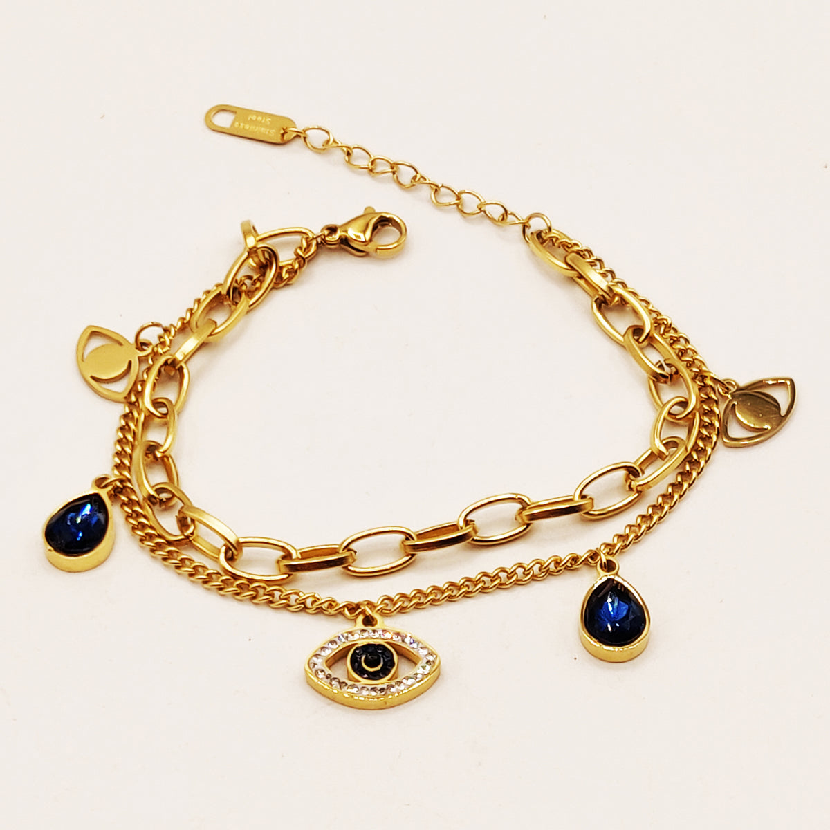 Bracelet Chaîne Double Yeux et Gouttes Bleues Luxe