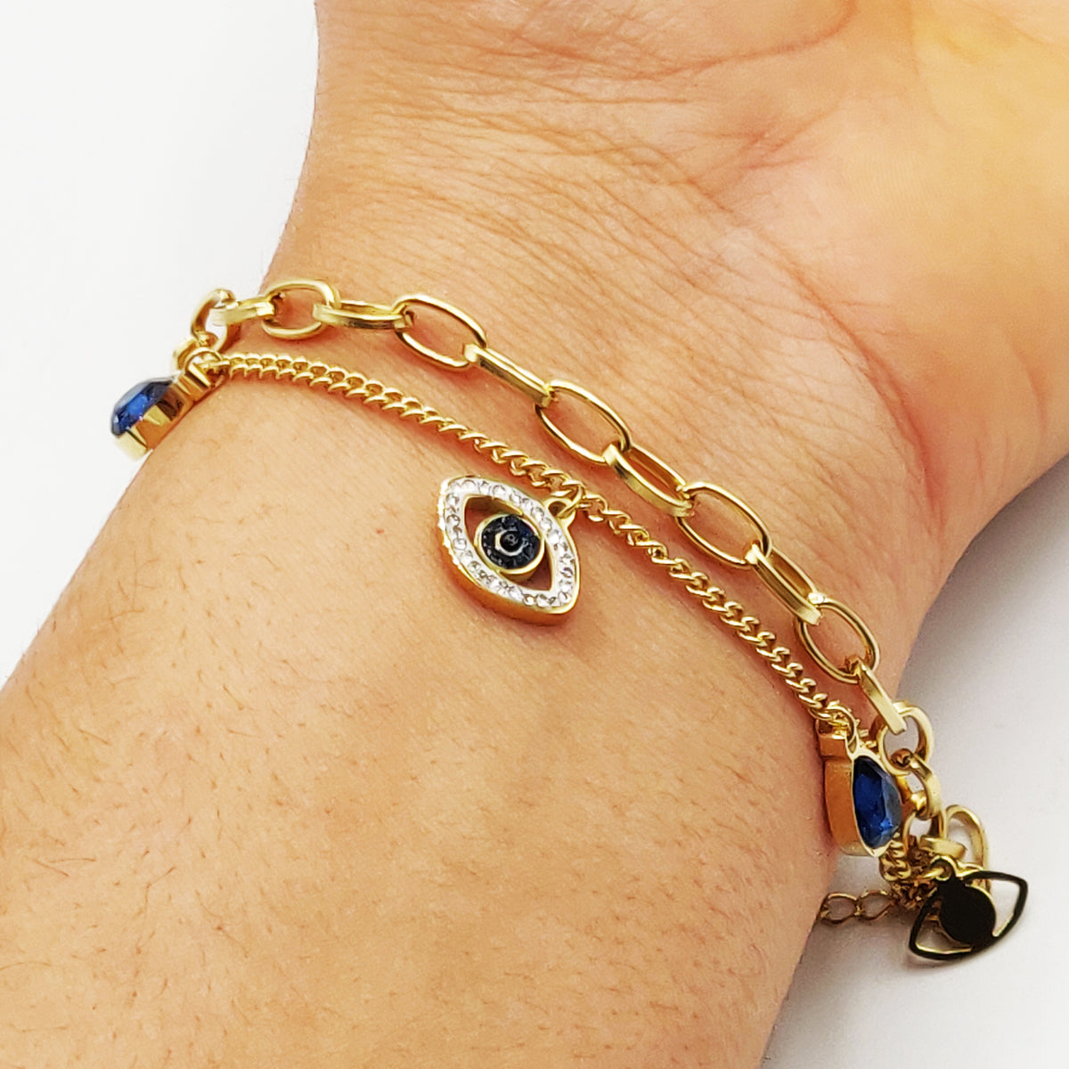 Bracelet Chaîne Double Yeux et Gouttes Bleues Luxe