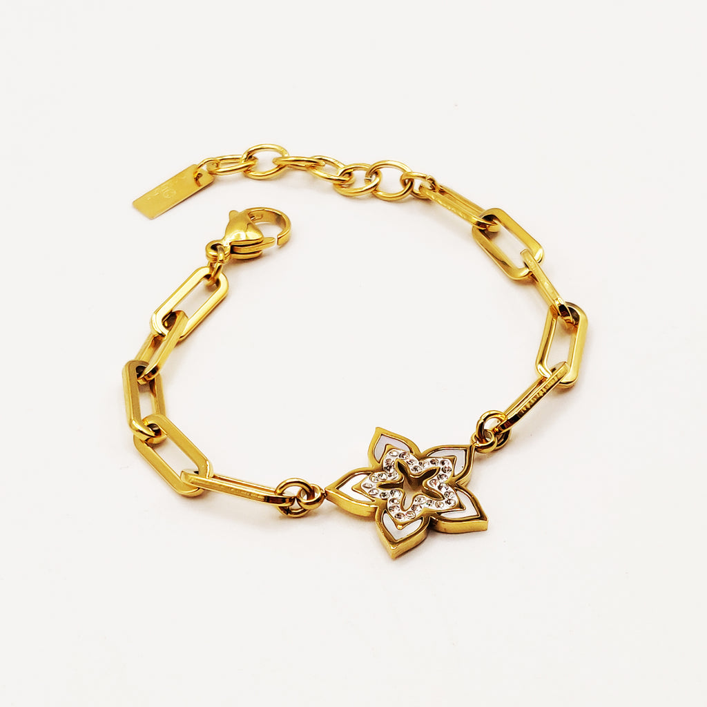 Bracelet Chaîne Fleur Cristaux et Blanc Nacré Luxe