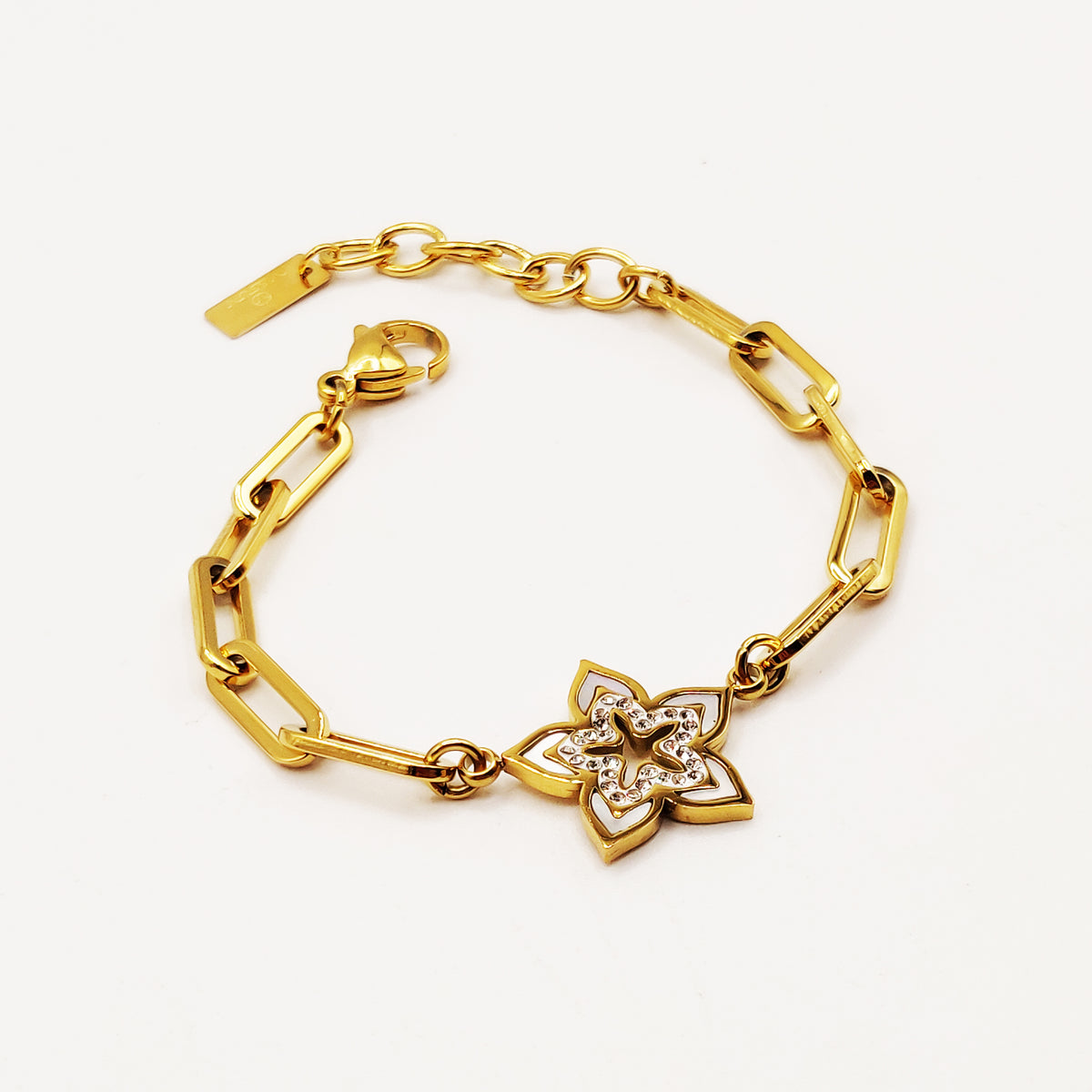 Bracelet Chaîne Fleur Cristaux et Blanc Nacré Luxe