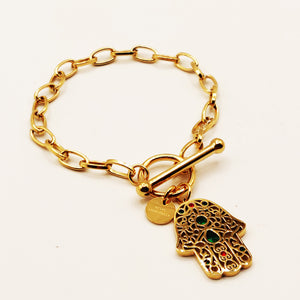 Bracelet Chaîne Main de Fatma Cristaux Verts et Rouges