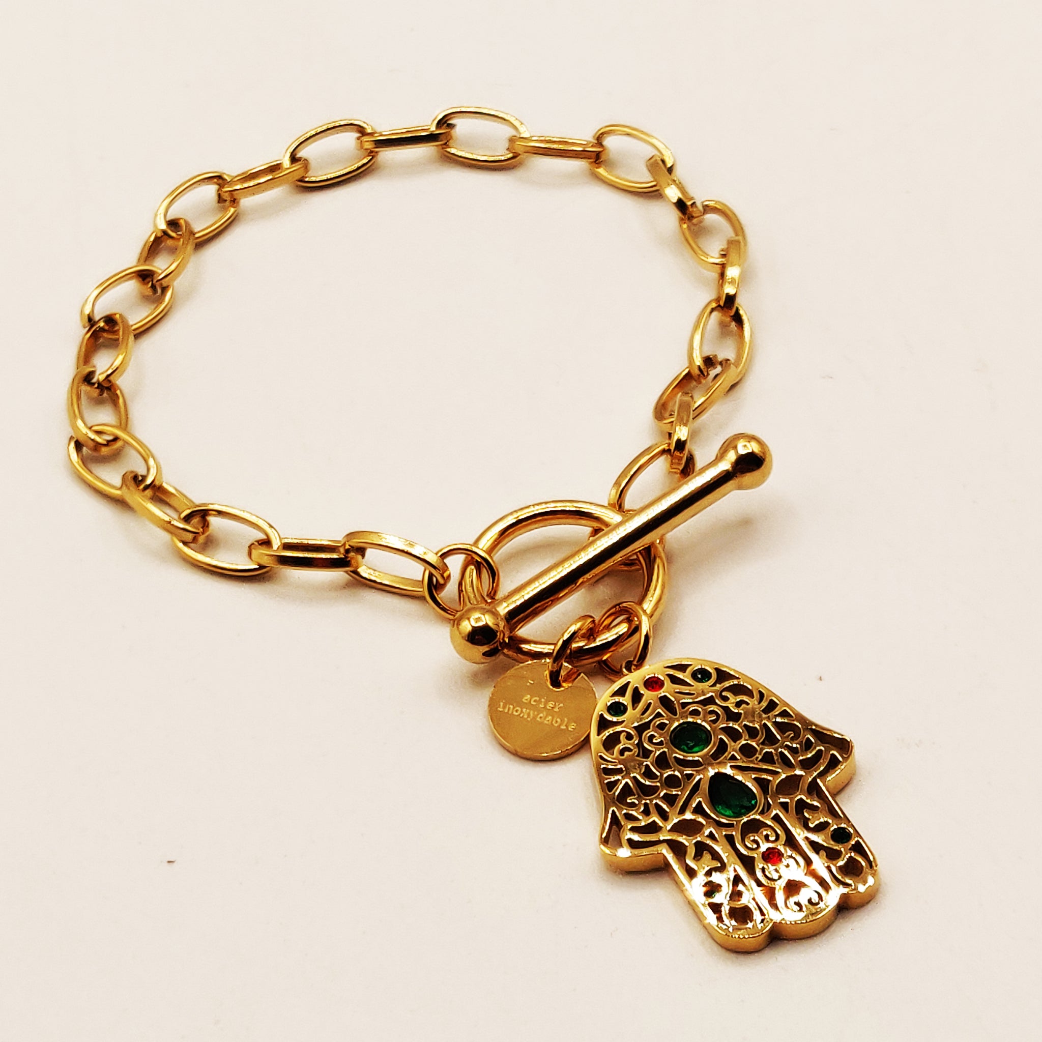 Bracelet Chaîne Main de Fatma Cristaux Verts et Rouges