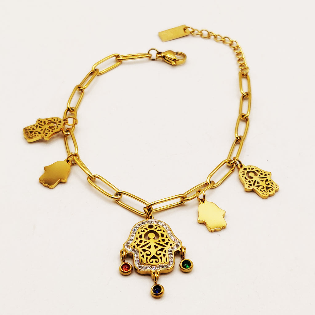 Bracelet Chaîne Multi Mains de Fatma Cristaux Multicolores Luxe