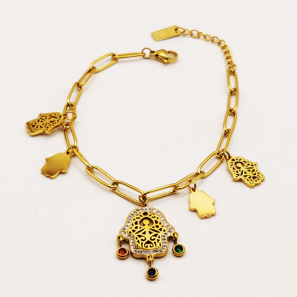 Bracelet Chaîne Multi Mains de Fatma Cristaux Multicolores Luxe