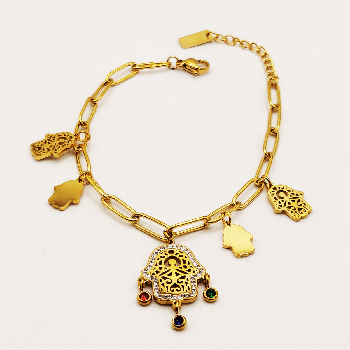 Bracelet Chaîne Multi Mains de Fatma Cristaux Multicolores Luxe
