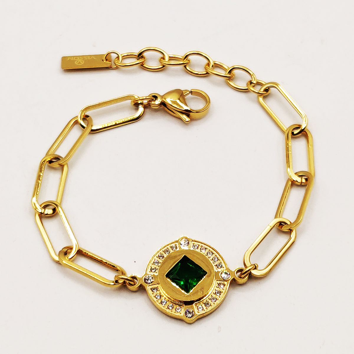 Bracelet Chaîne Pendentif Cercle Losange Vert Luxe