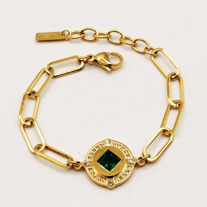 Bracelet Chaîne Pendentif Cercle Losange Vert Luxe