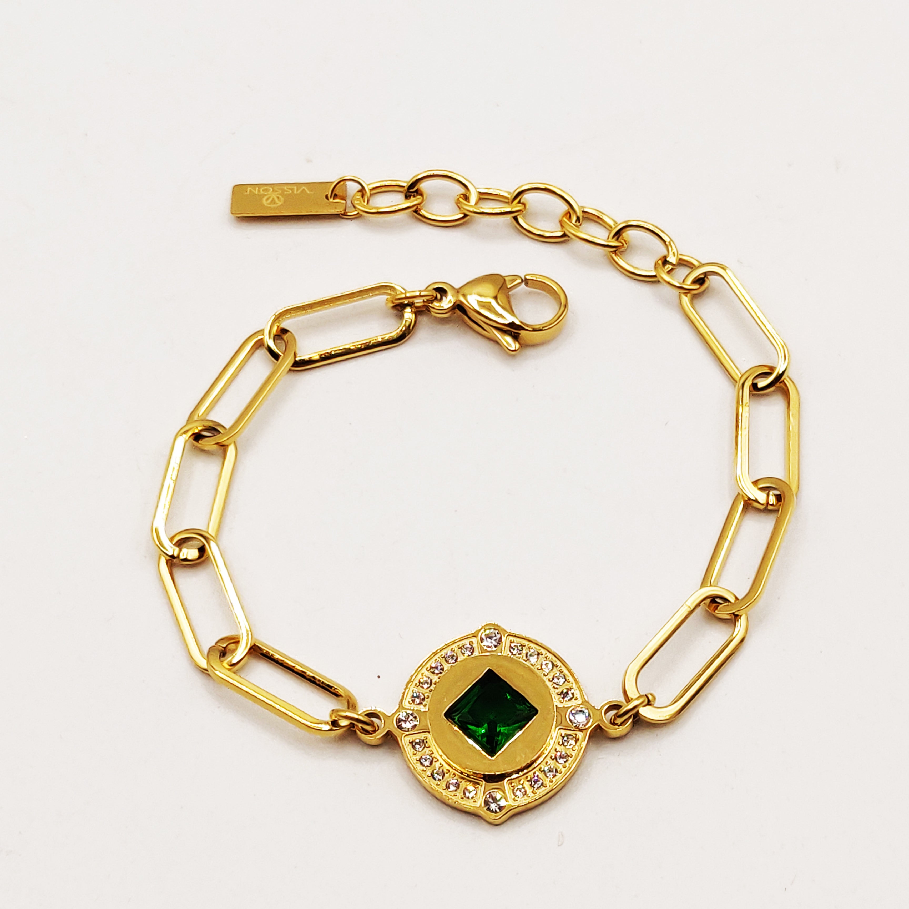 Bracelet Chaîne Pendentif Cercle Losange Vert Luxe