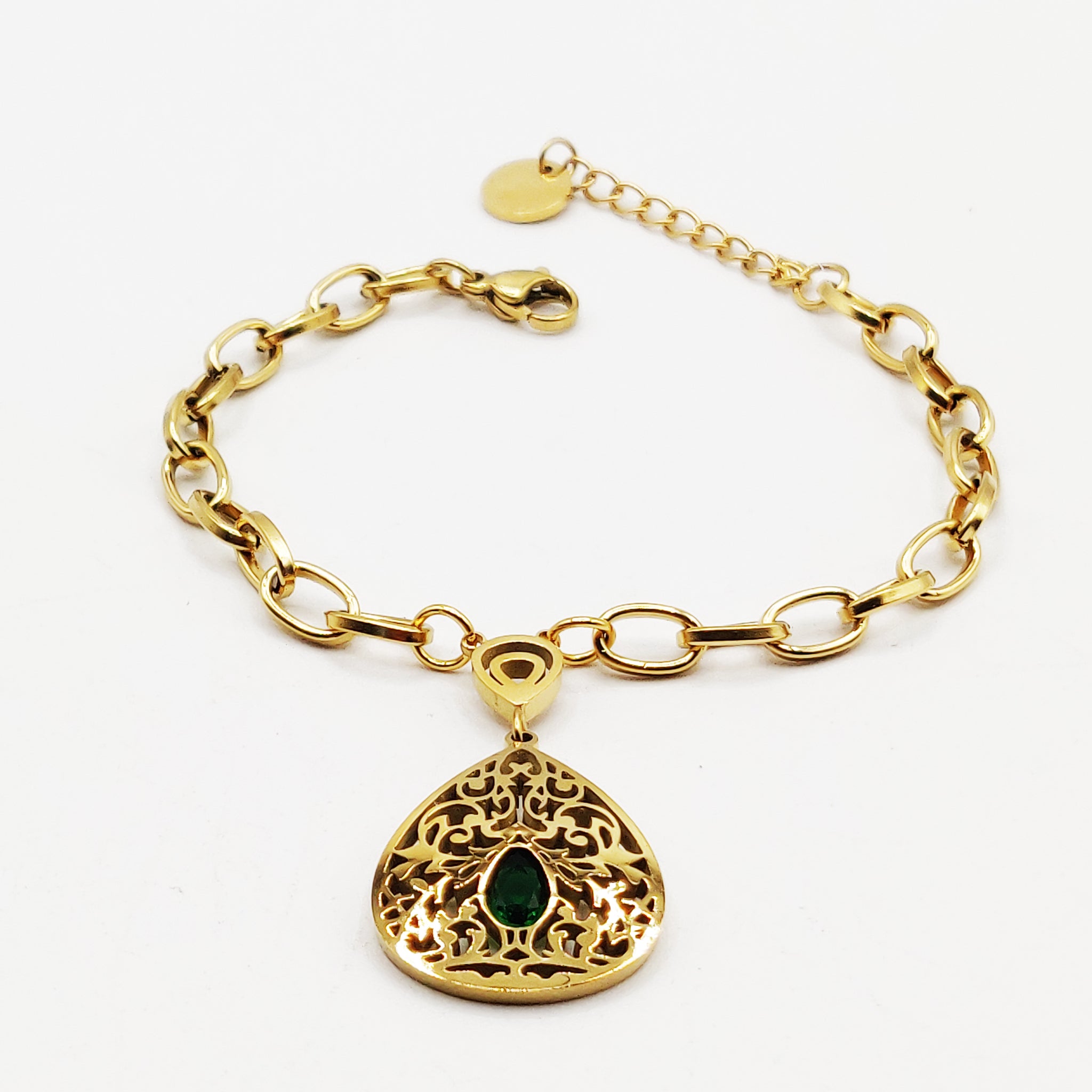 Bracelet Chaîne Pendentif Oriental Gouttes Vertes Luxe