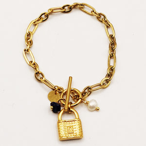 Bracelet Chaîne Pendentifs Cadenas et Perles Blanche et Bleue