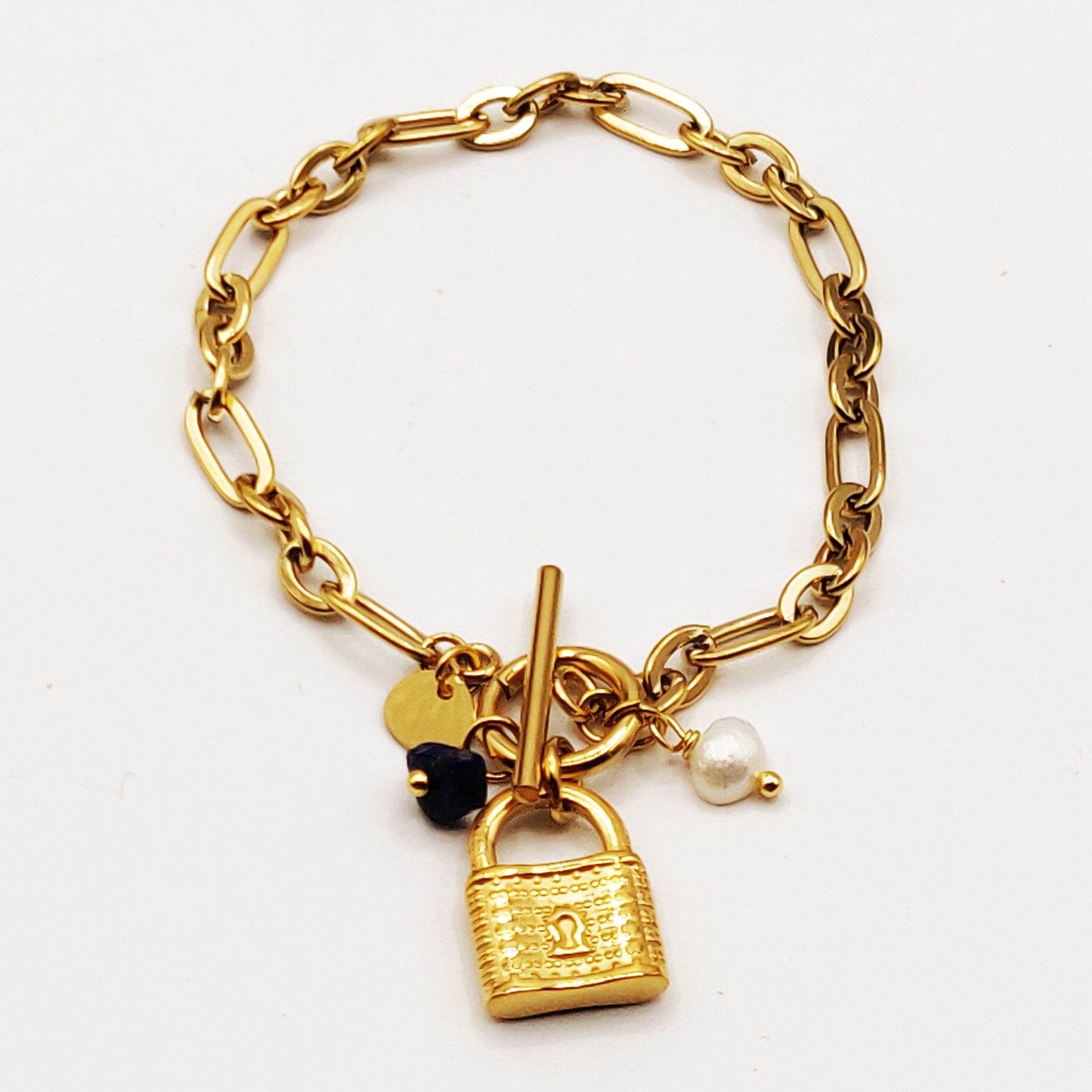 Bracelet Chaîne Pendentifs Cadenas et Perles Blanche et Bleue