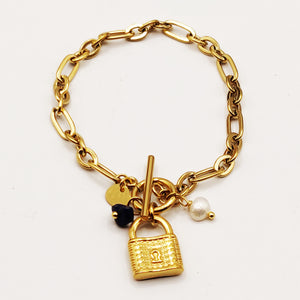 Bracelet Chaîne Pendentifs Cadenas et Perles Blanche et Bleue