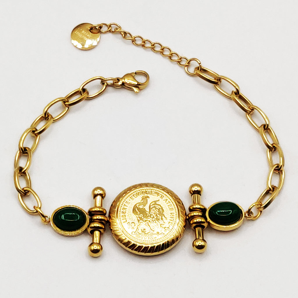 Bracelet Chaîne Perle d'imitation Verte et Pendentif Louise Coq Luxe