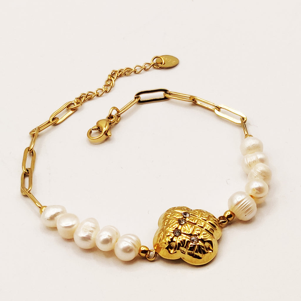 Bracelet Chaîne et Perles Trèfle Bombé Luxe