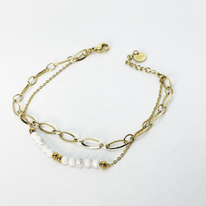 Bracelet Double Chaîne Perles Blanches et Dorées