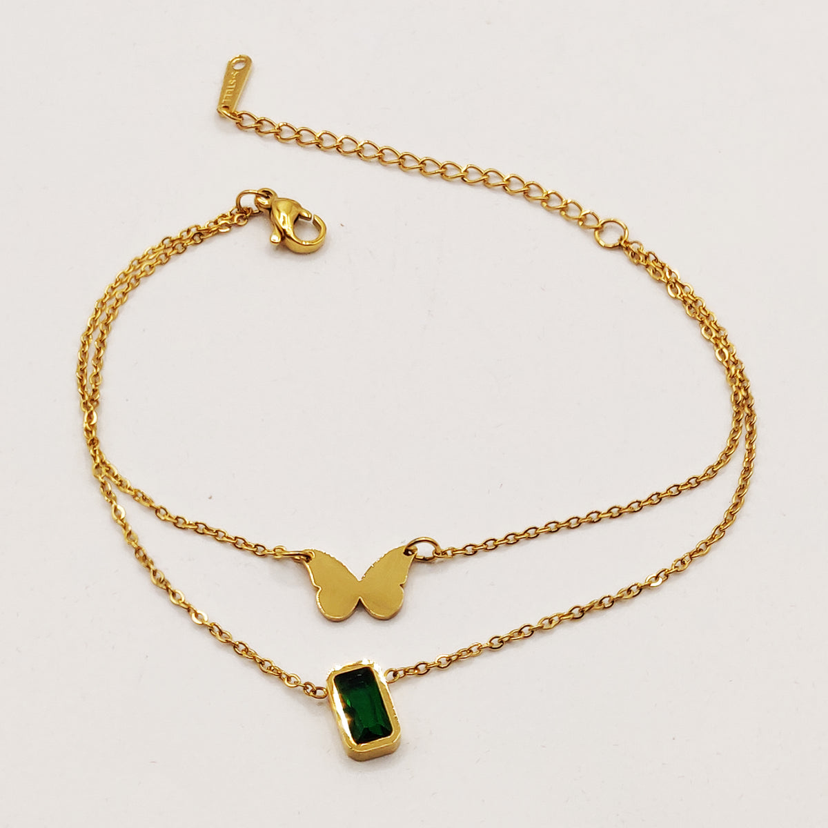 Bracelet Double Papillon et Cristal Vert