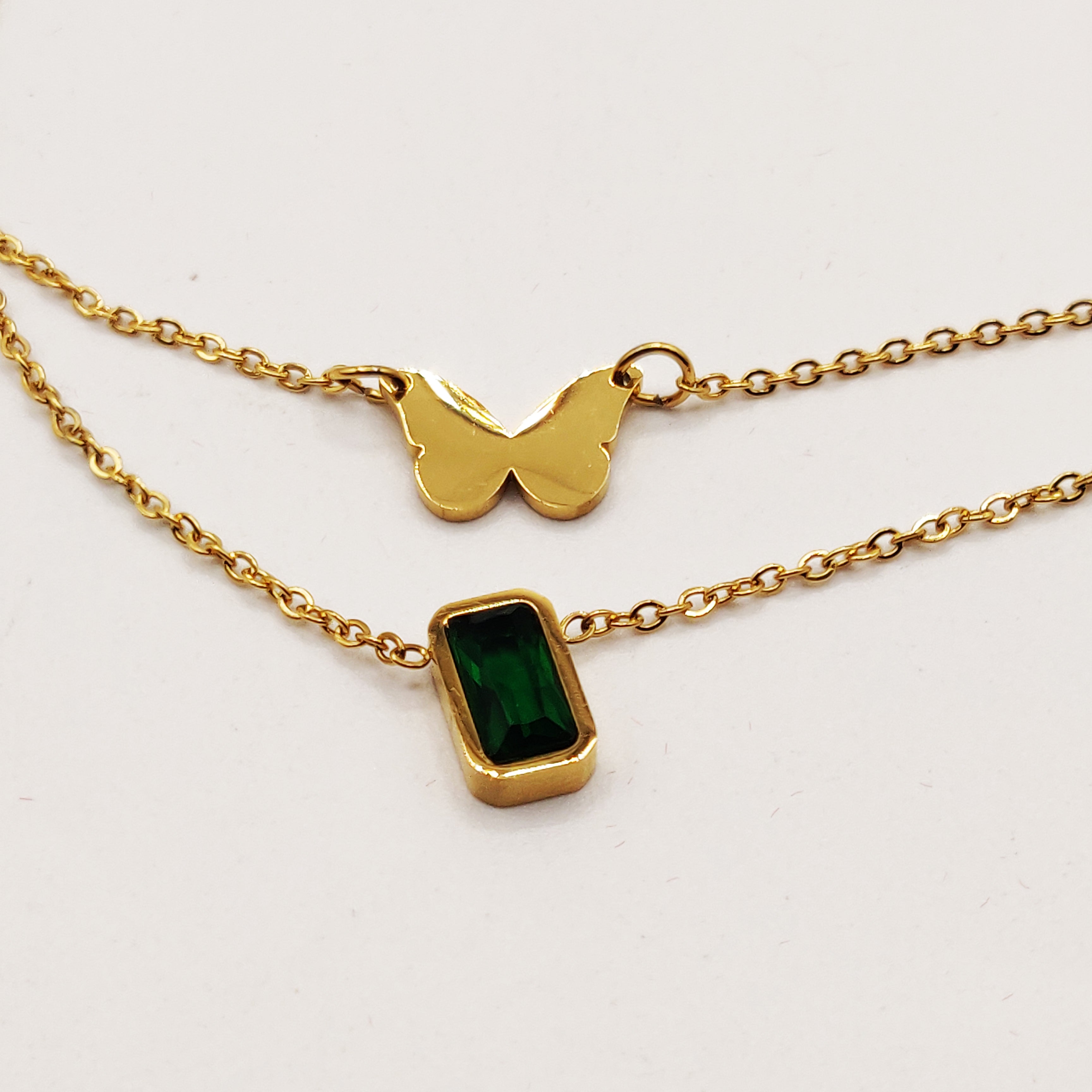 Bracelet Double Papillon et Cristal Vert