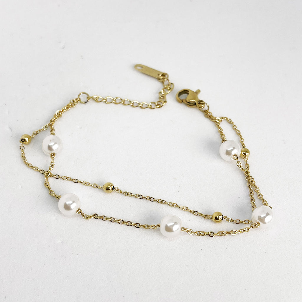 Bracelet Double Perles Blanches et Dorées