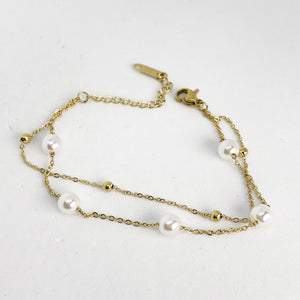 Bracelet Double Perles Blanches et Dorées
