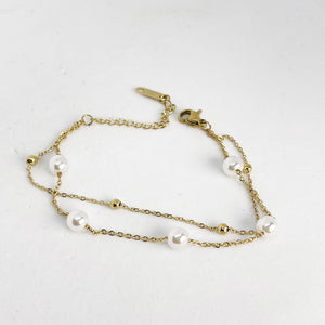 Bracelet Double Perles Blanches et Dorées