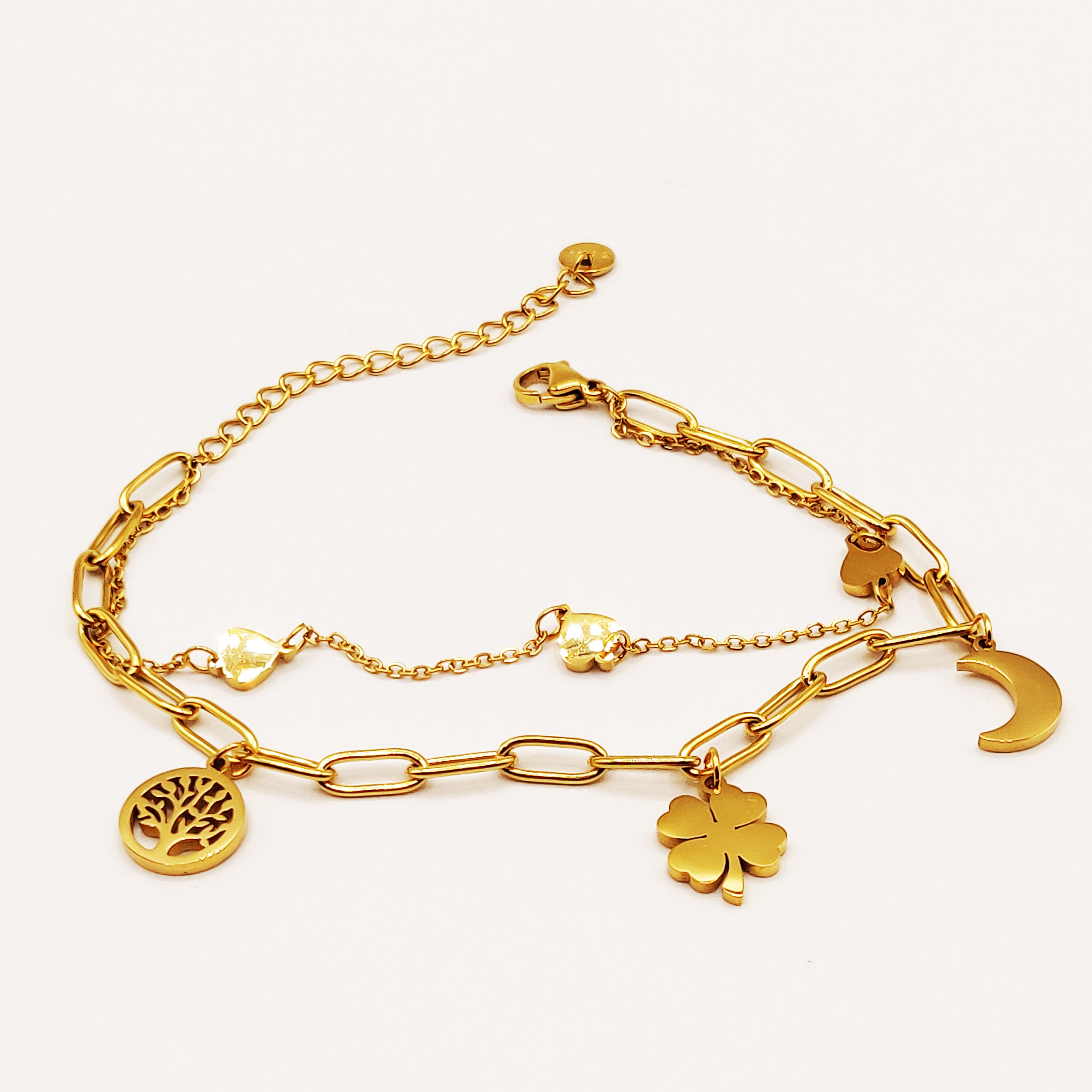 Bracelet Double Trèfle, Eden, Lune et Coeurs