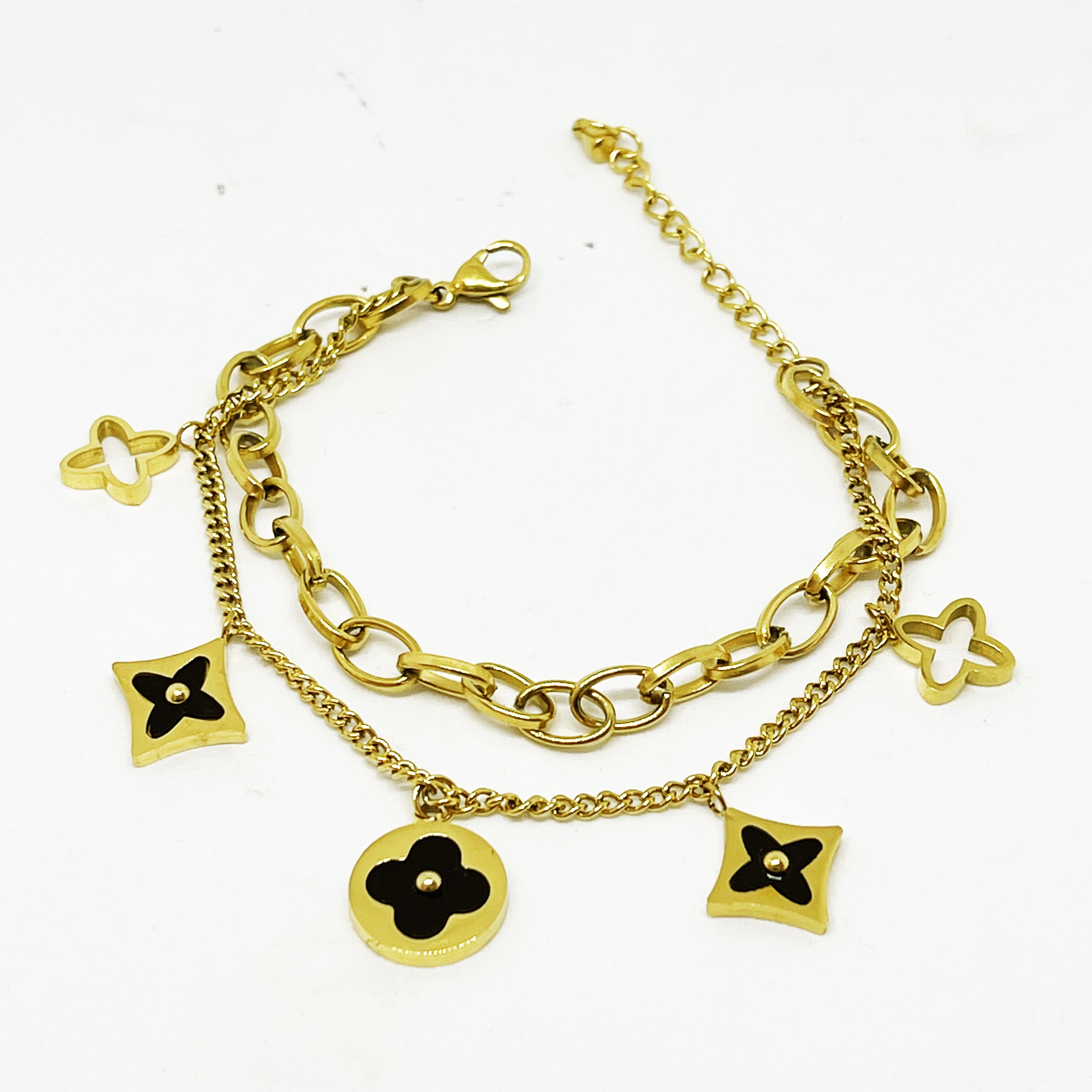 Bracelet Double Trèfles et Étoiles Noir