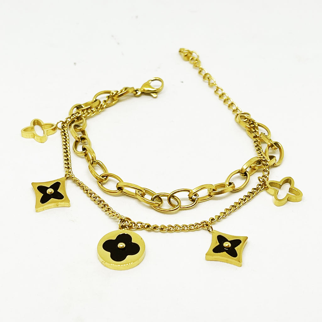 Bracelet Double Trèfles et Étoiles Noir