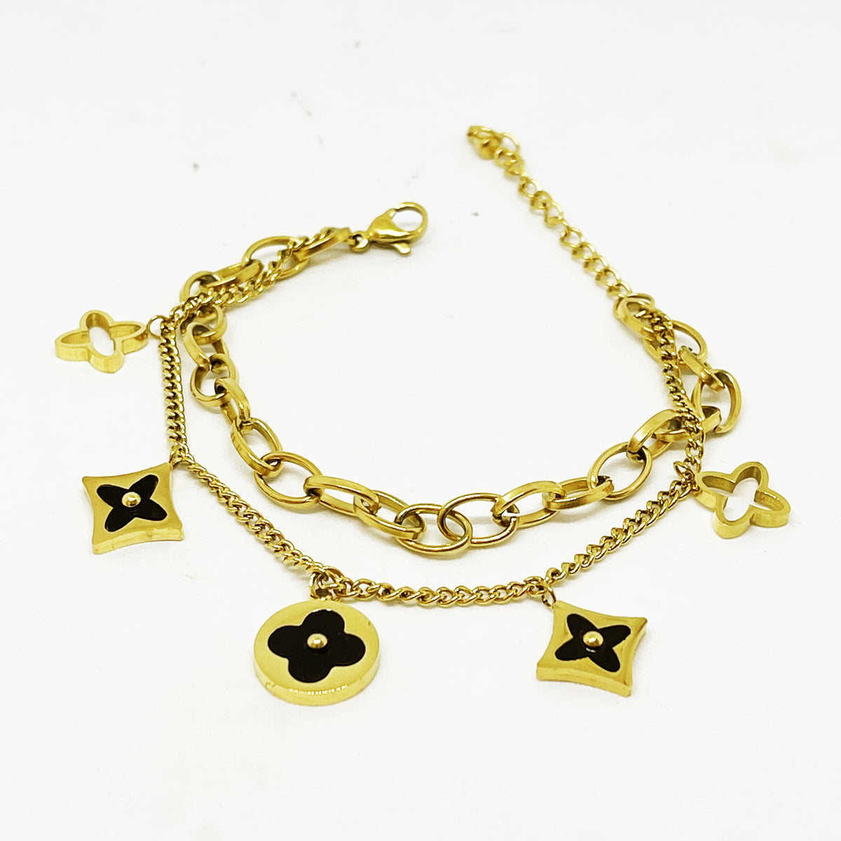 Bracelet Double Trèfles et Étoiles Noir