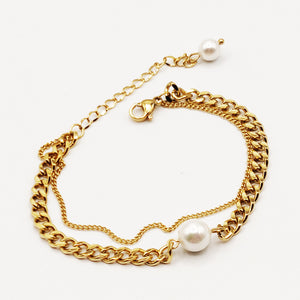 Bracelet Double Tresse et Perle Blanche
