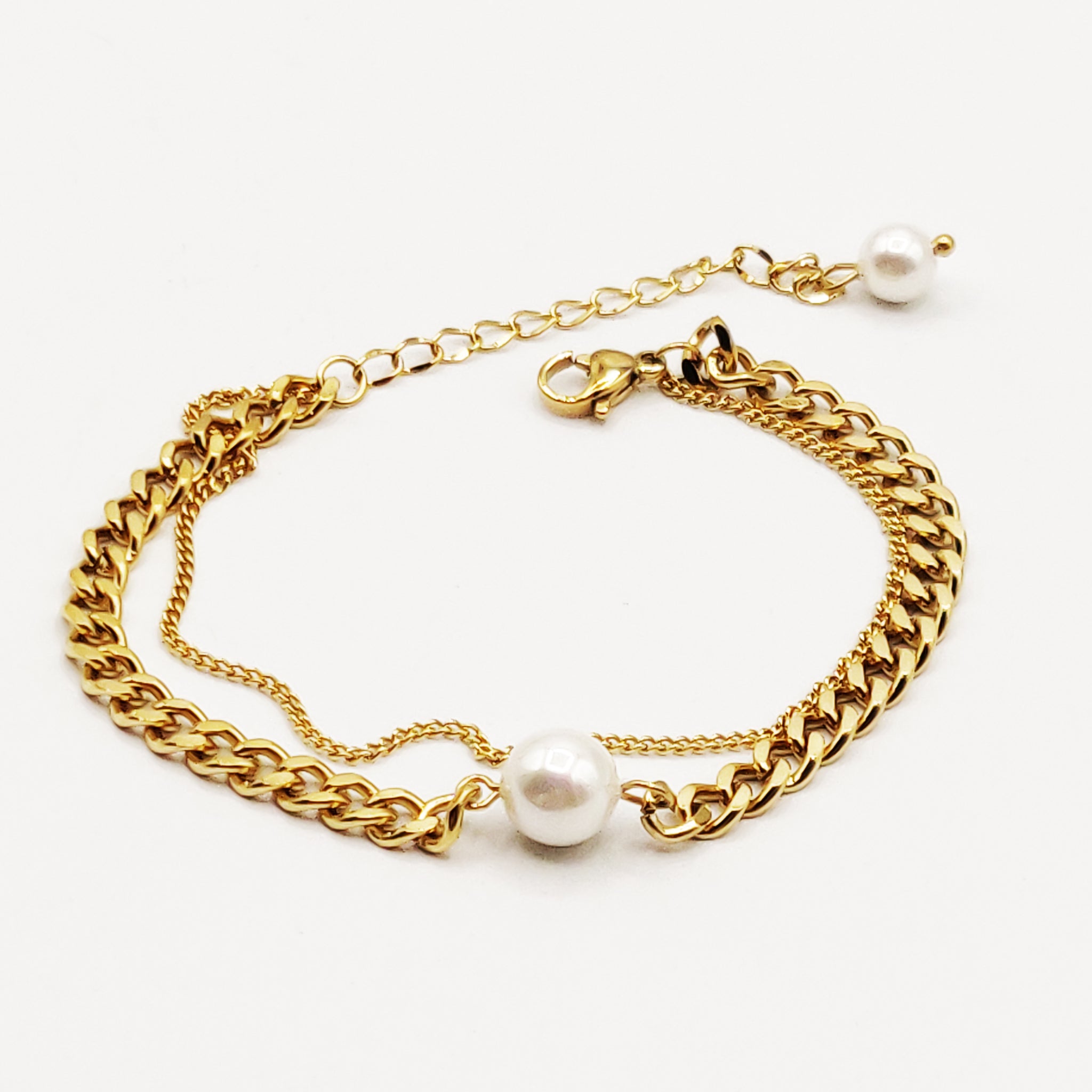 Bracelet Double Tresse et Perle Blanche
