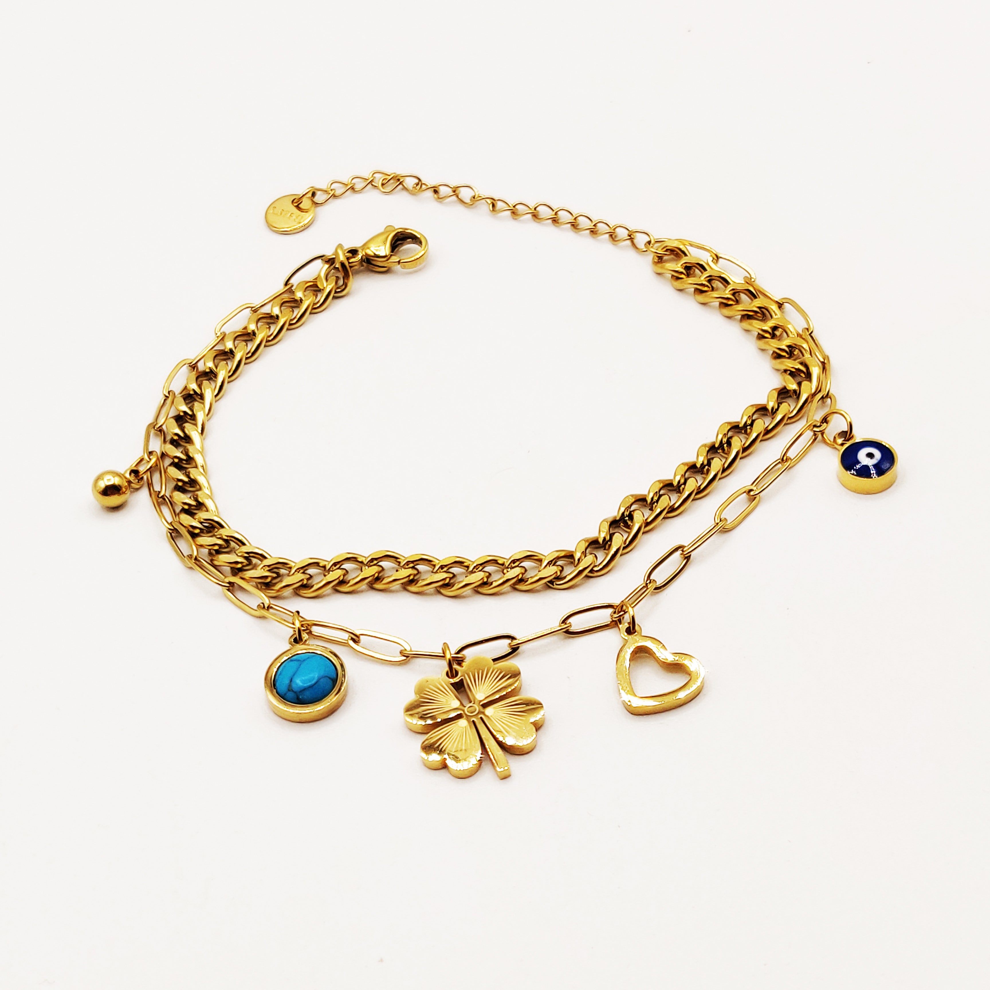 Bracelet Double Tresse Trèfle et Pendentifs