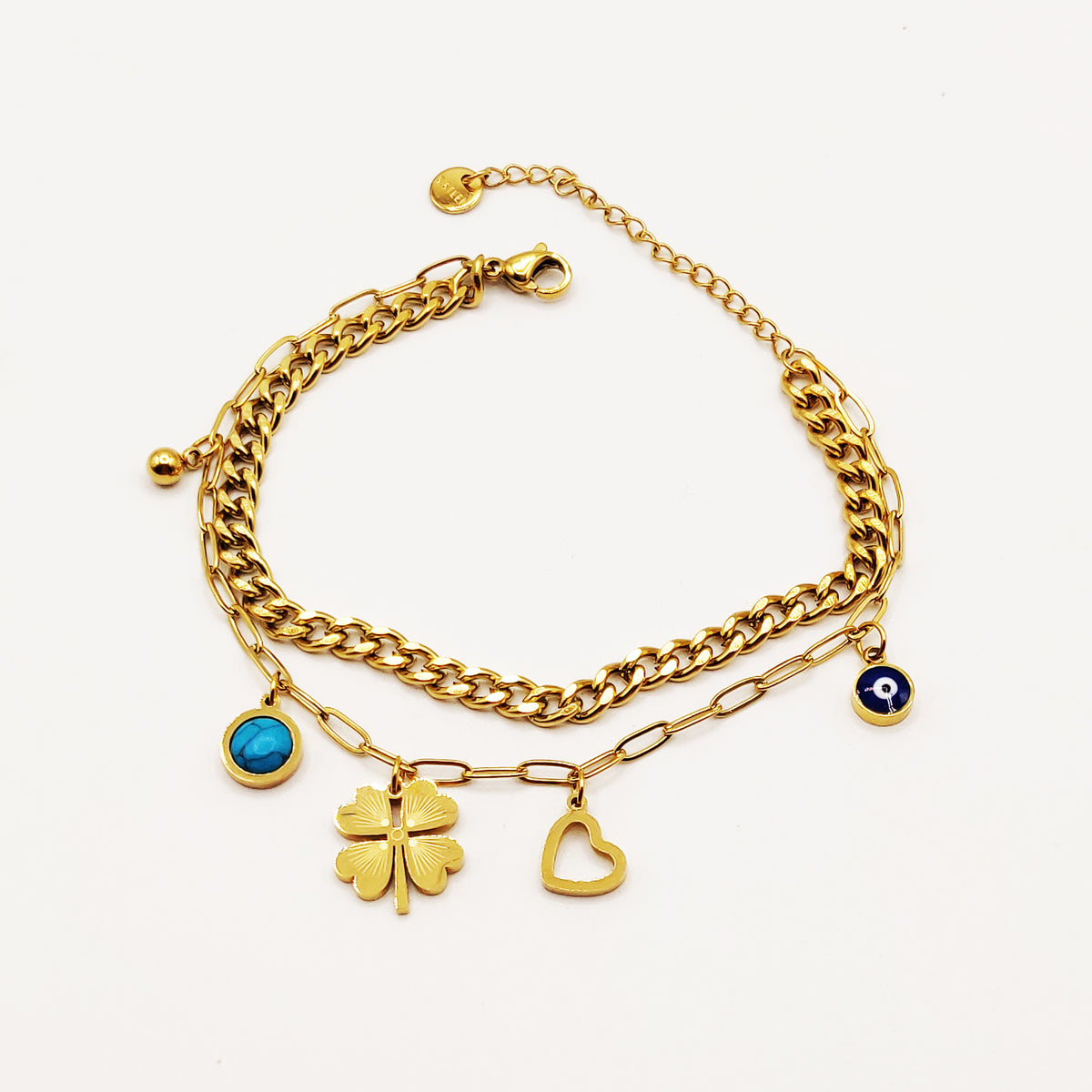 Bracelet Double Tresse Trèfle et Pendentifs