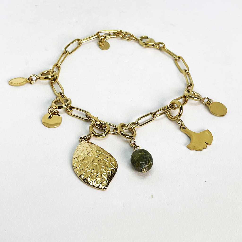 Bracelet Chaîne Feuille et Pierre Verte