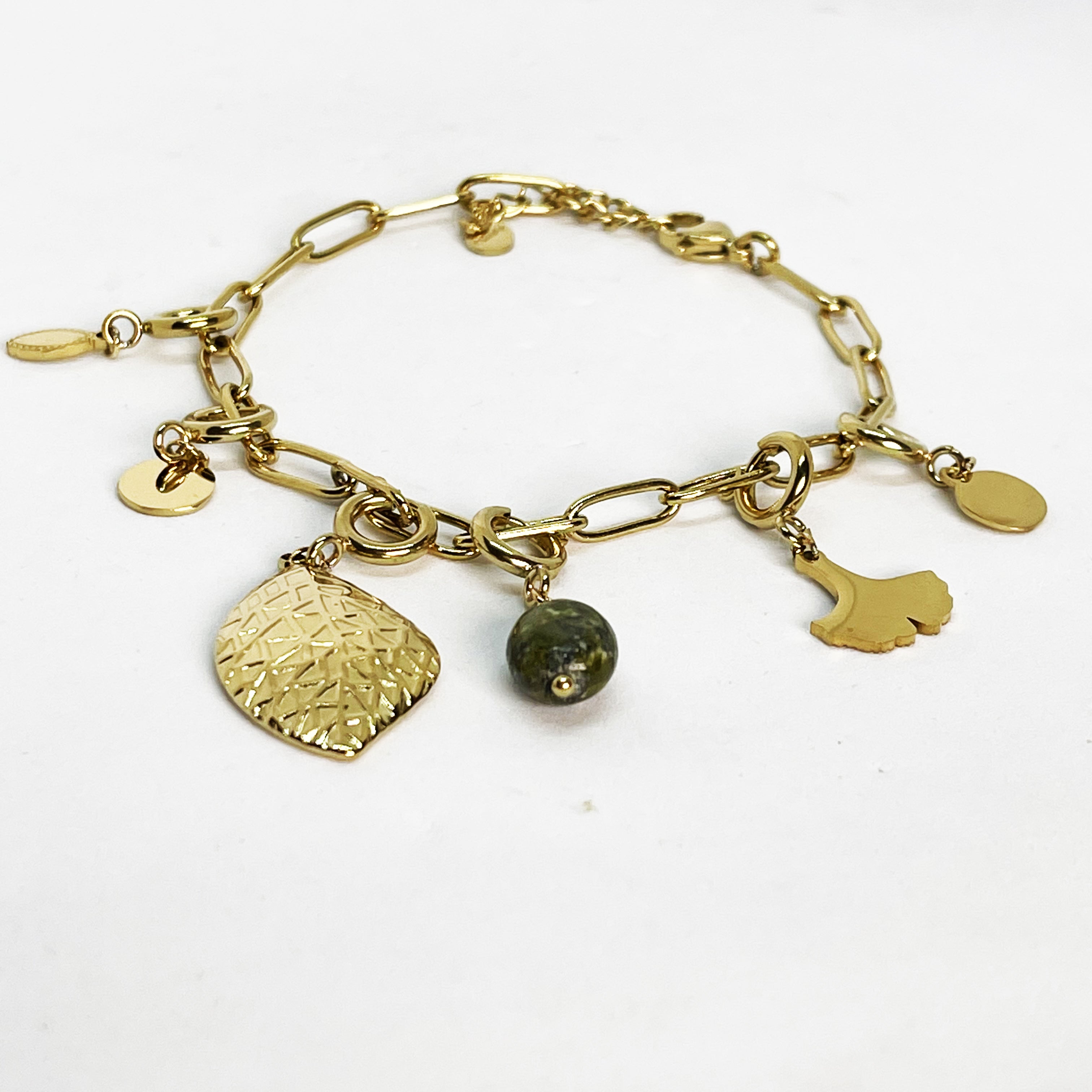 Bracelet Chaîne Feuille et Pierre Verte