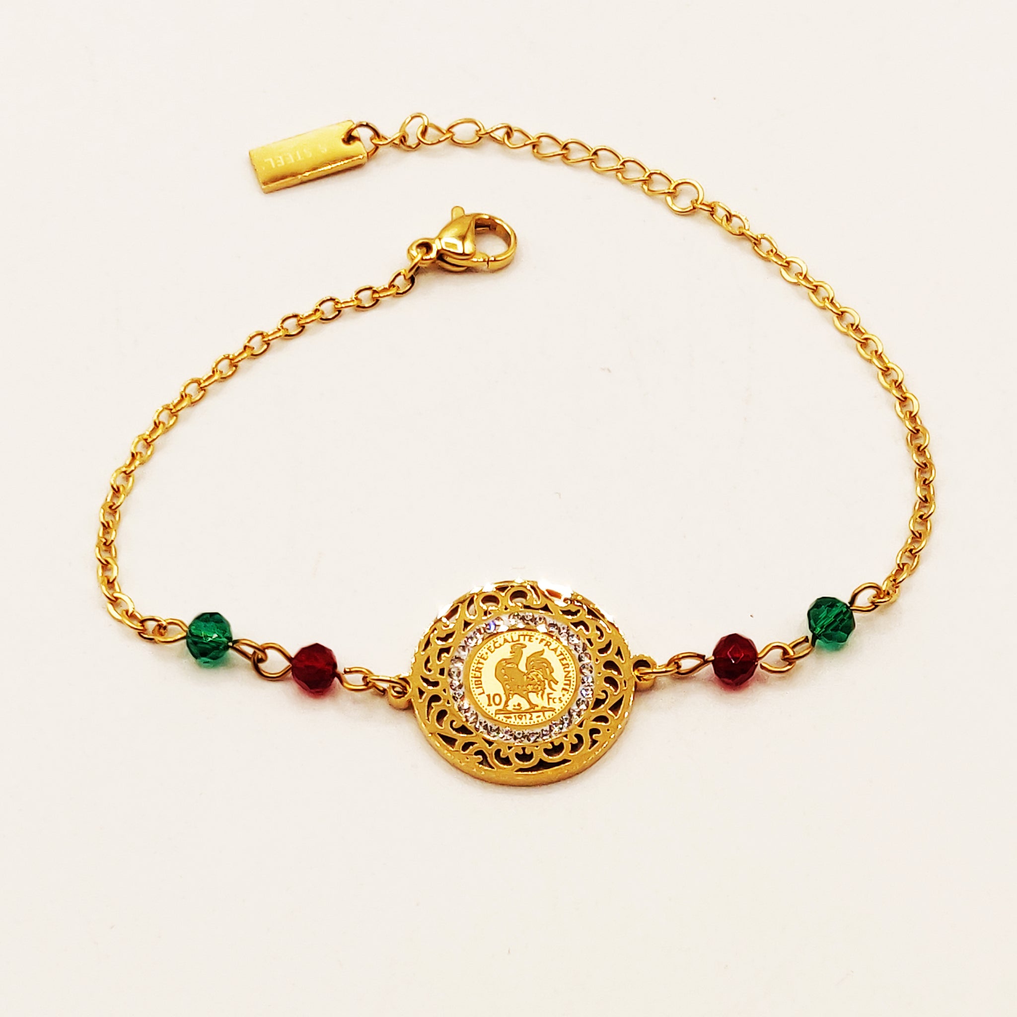 Bracelet Louise Coq Perles Vertes et Rouges Luxe