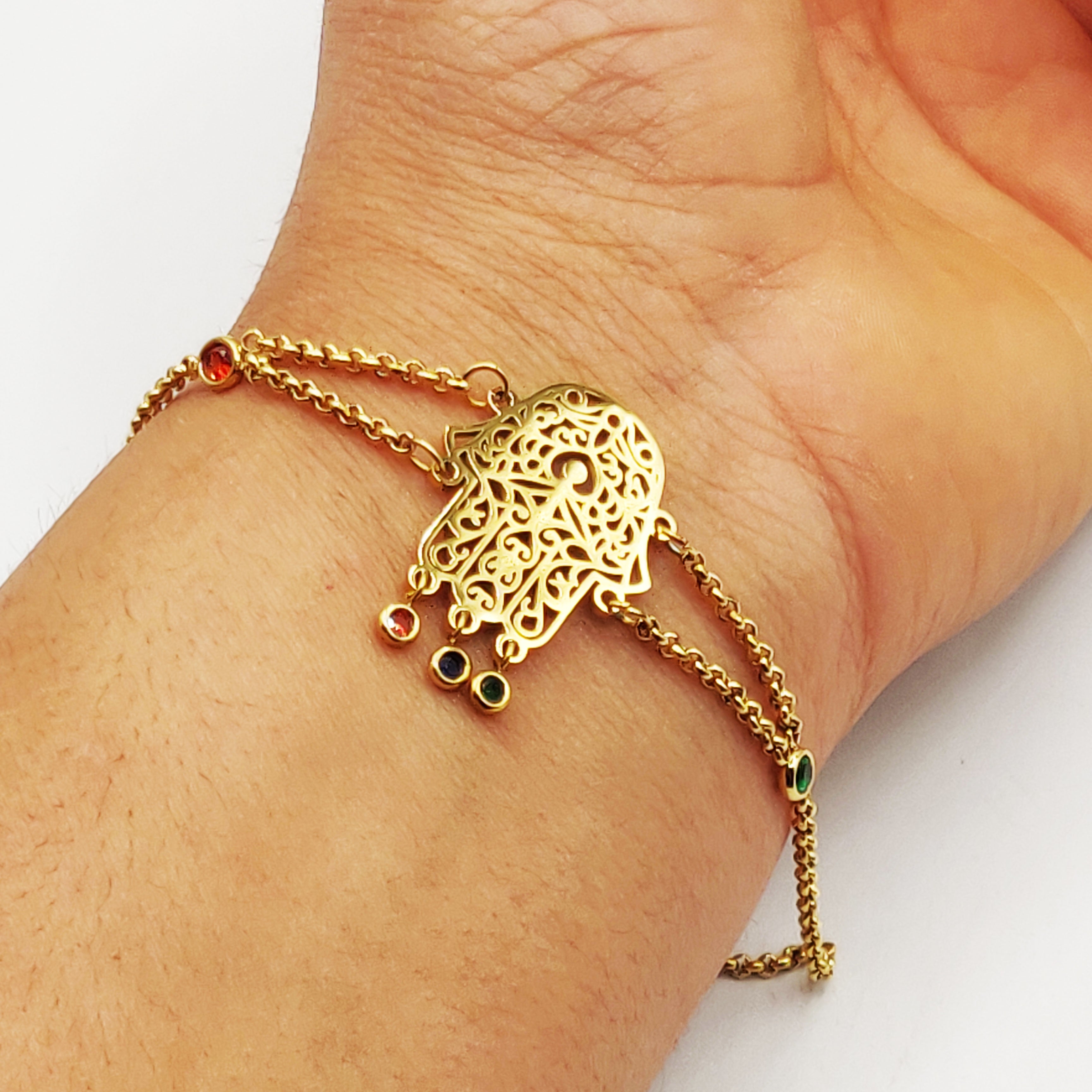 Bracelet Maillons Grande Main de Fatma Cristaux Multicolores Luxe