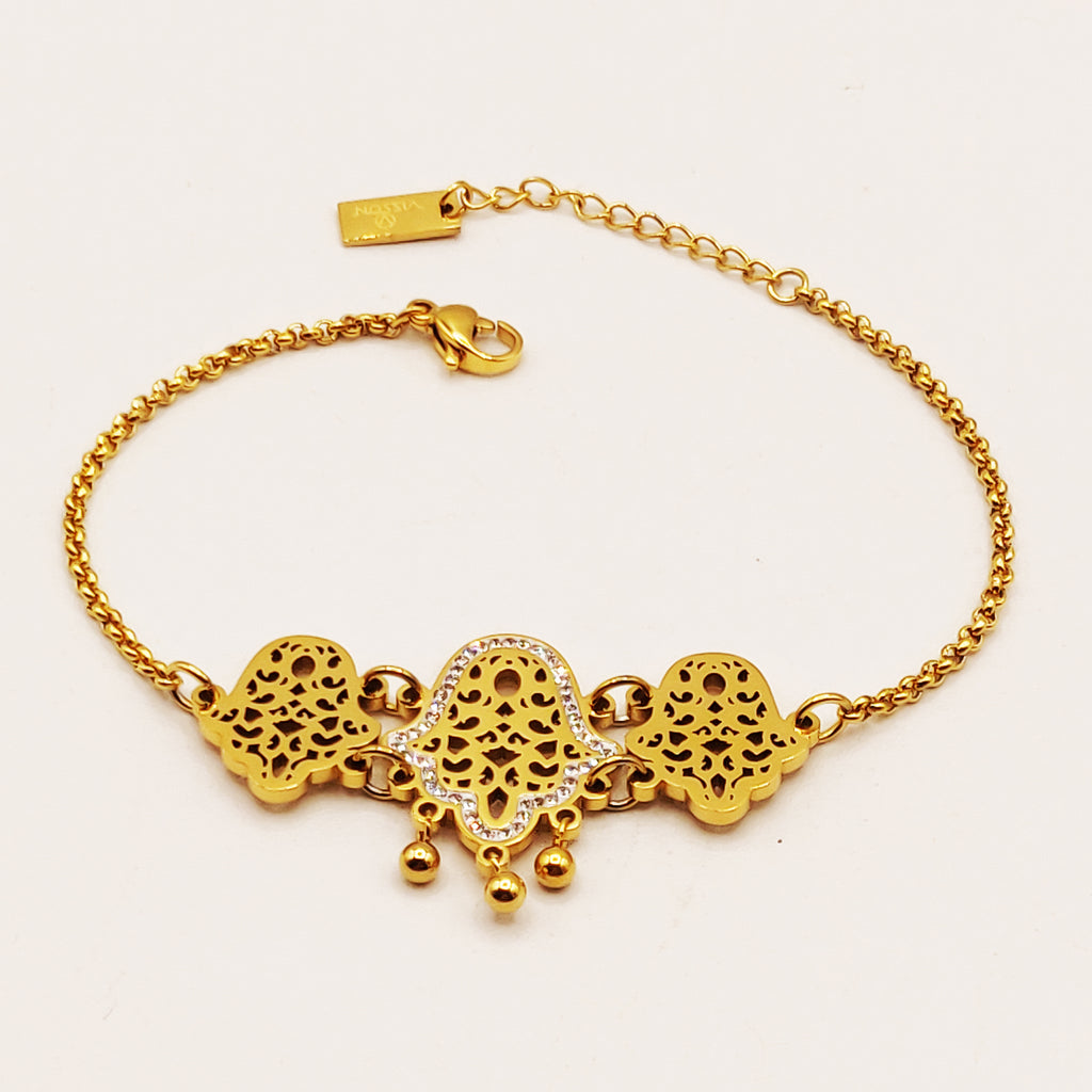 Bracelet Maillons Grande Main de Fatma Design et Multi Pendentifs Perles d'imitation Luxe
