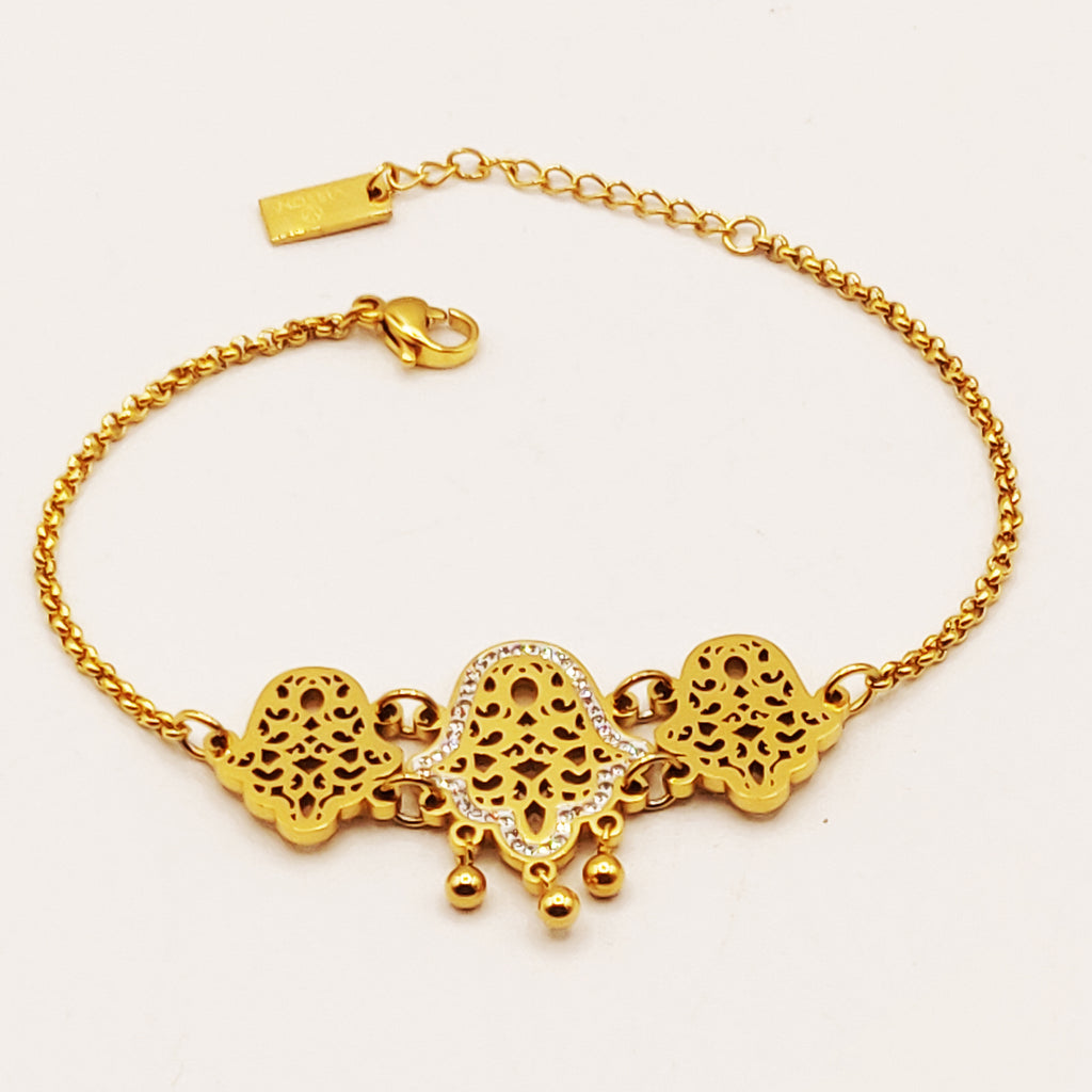 Bracelet Maillons Grande Main de Fatma Design et Multi Pendentifs Perles d'imitation Luxe