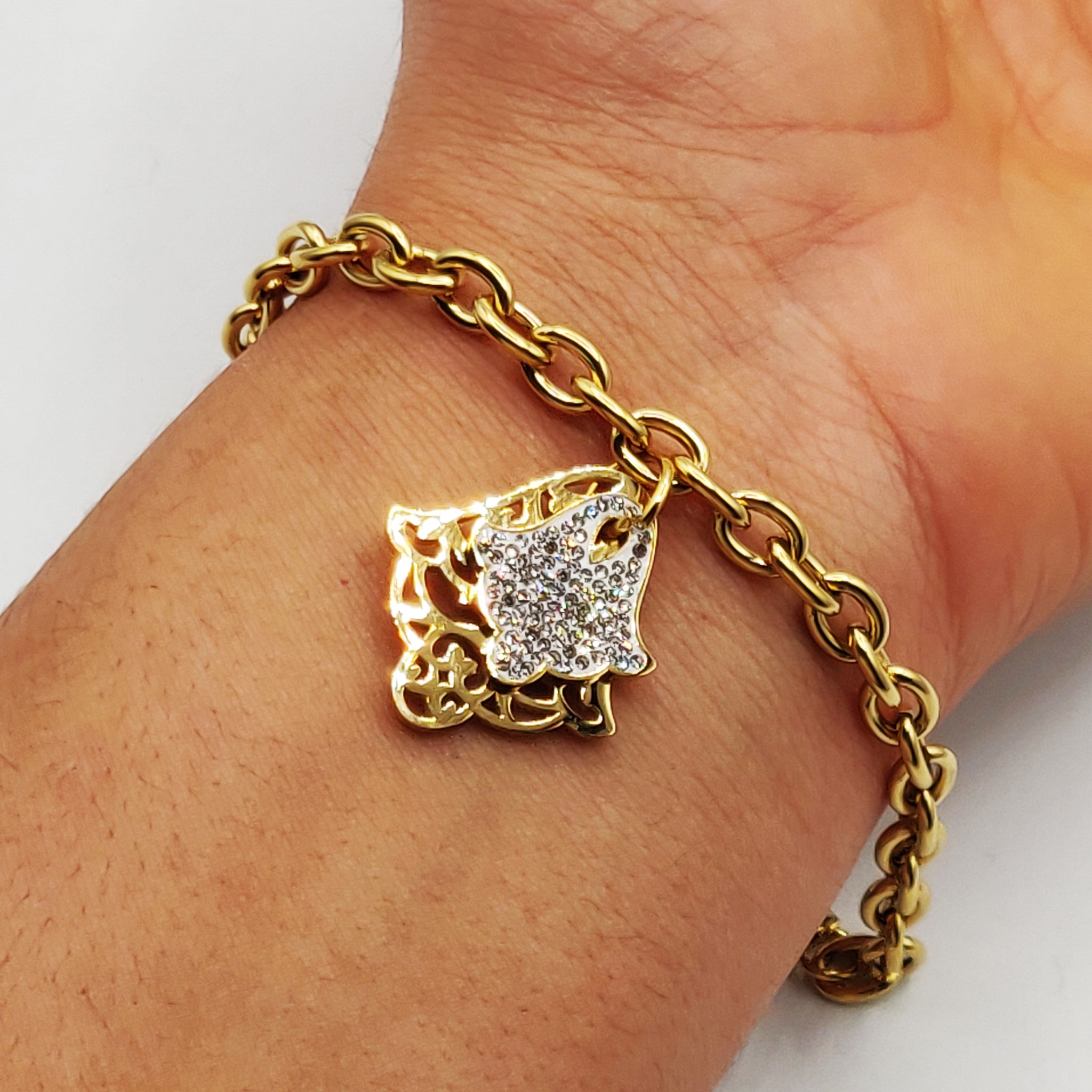 Bracelet Maillons Pendentif Double Main de Fatma Cristaux Luxe