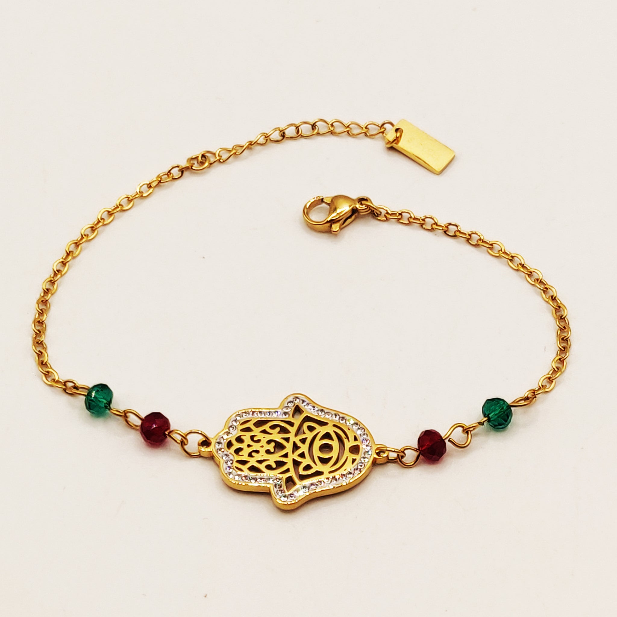 Bracelet Main de Fatma Cristaux Perles d'imitation Vertes et Rouges Luxe