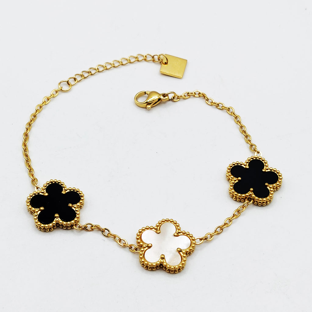 Bracelet Marguerites Noires et Blanches Tour Perles d'imitation Luxe