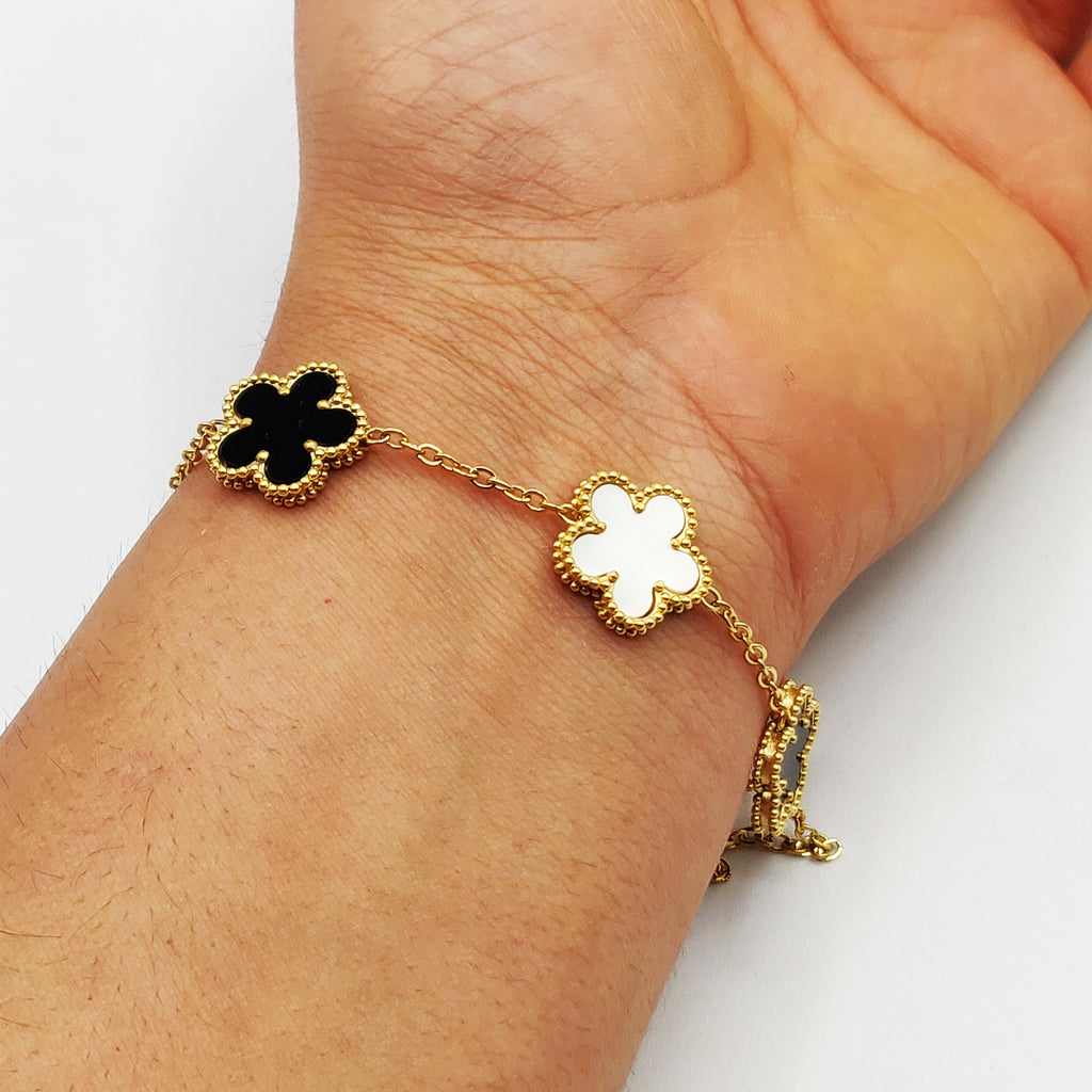 Bracelet Marguerites Noires et Blanches Tour Perles d'imitation Luxe