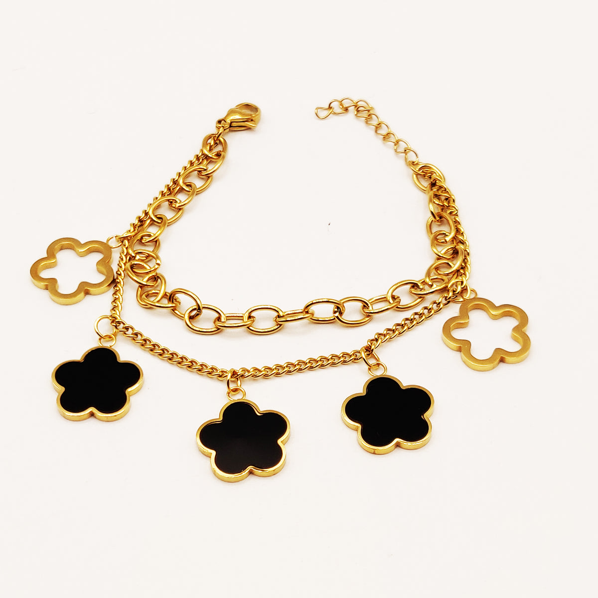 Bracelet Marguerites Noires Chaîne Double